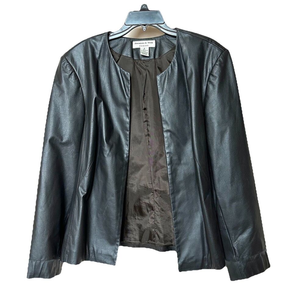 VTG Preston and York Leather Jacket Women’s 18 Black Open Front Retro 90’s Y2K
